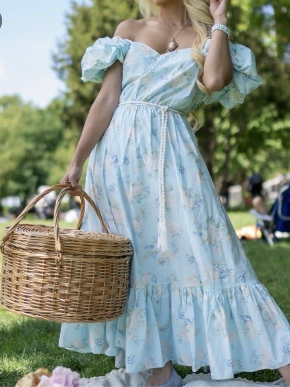 LoveShackFancyfor Target  Light Blue Floral Off-Shoulder Midi Dress